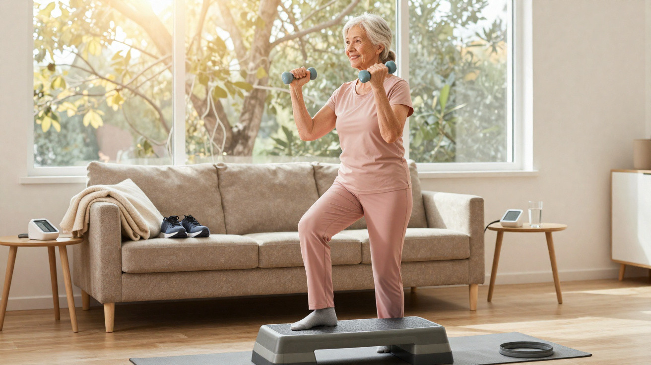 Elderly woman exercising with dumbbells on a step platform in a bright living room.
