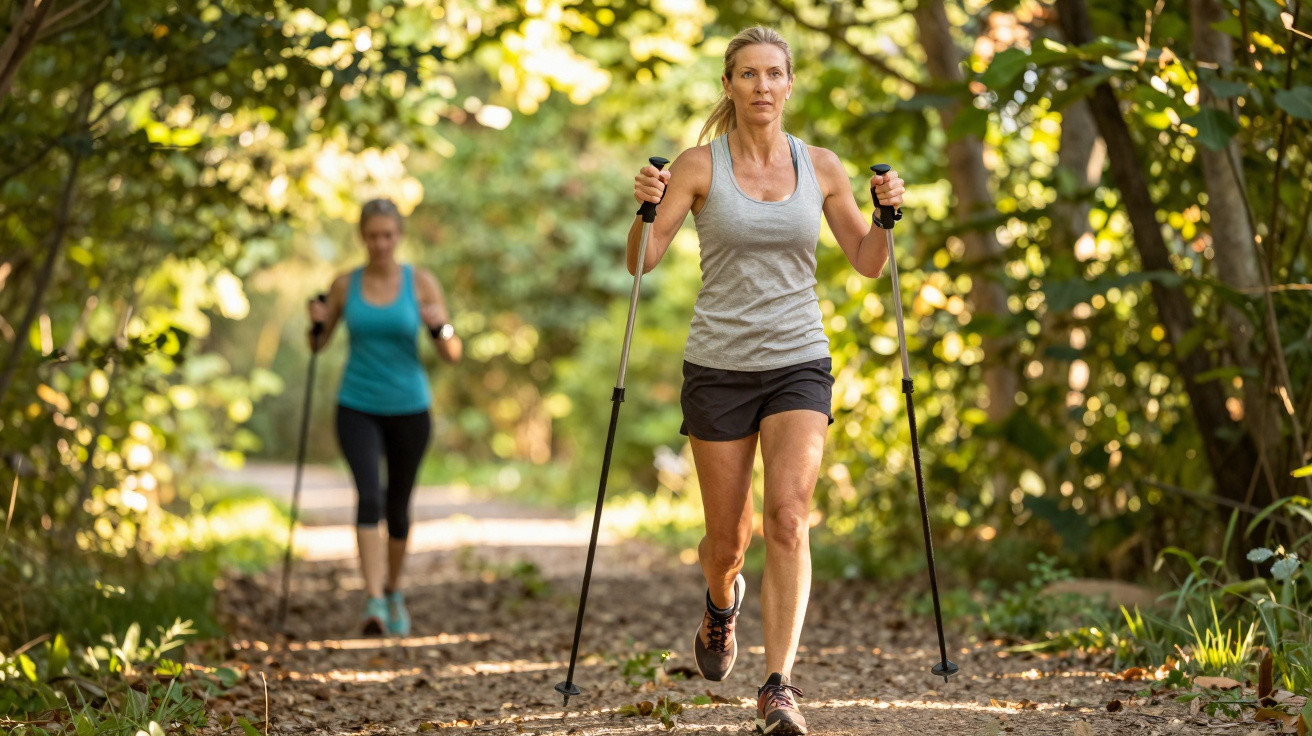 Two women using walking poles on a forest trail surrounded by trees and sunlight.