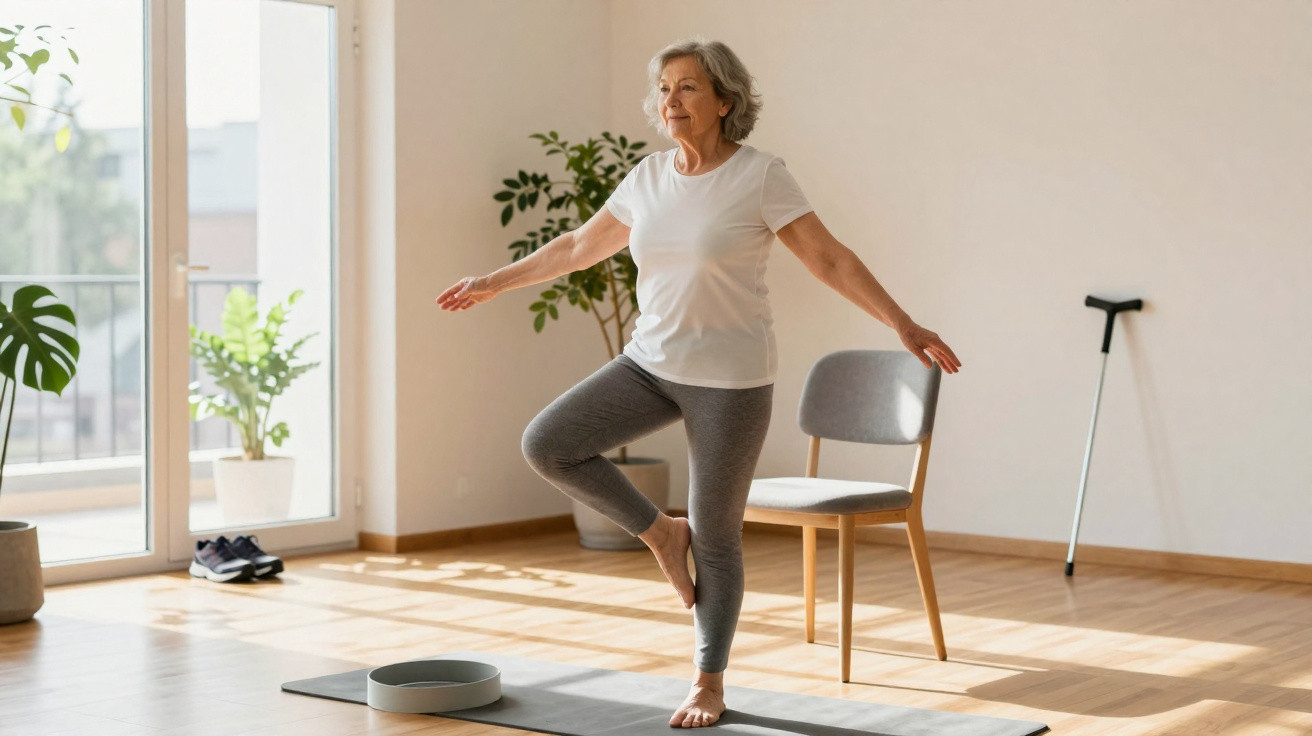 Elderly woman practising balancing yoga pose barefoot on a mat in a bright, minimal living room.