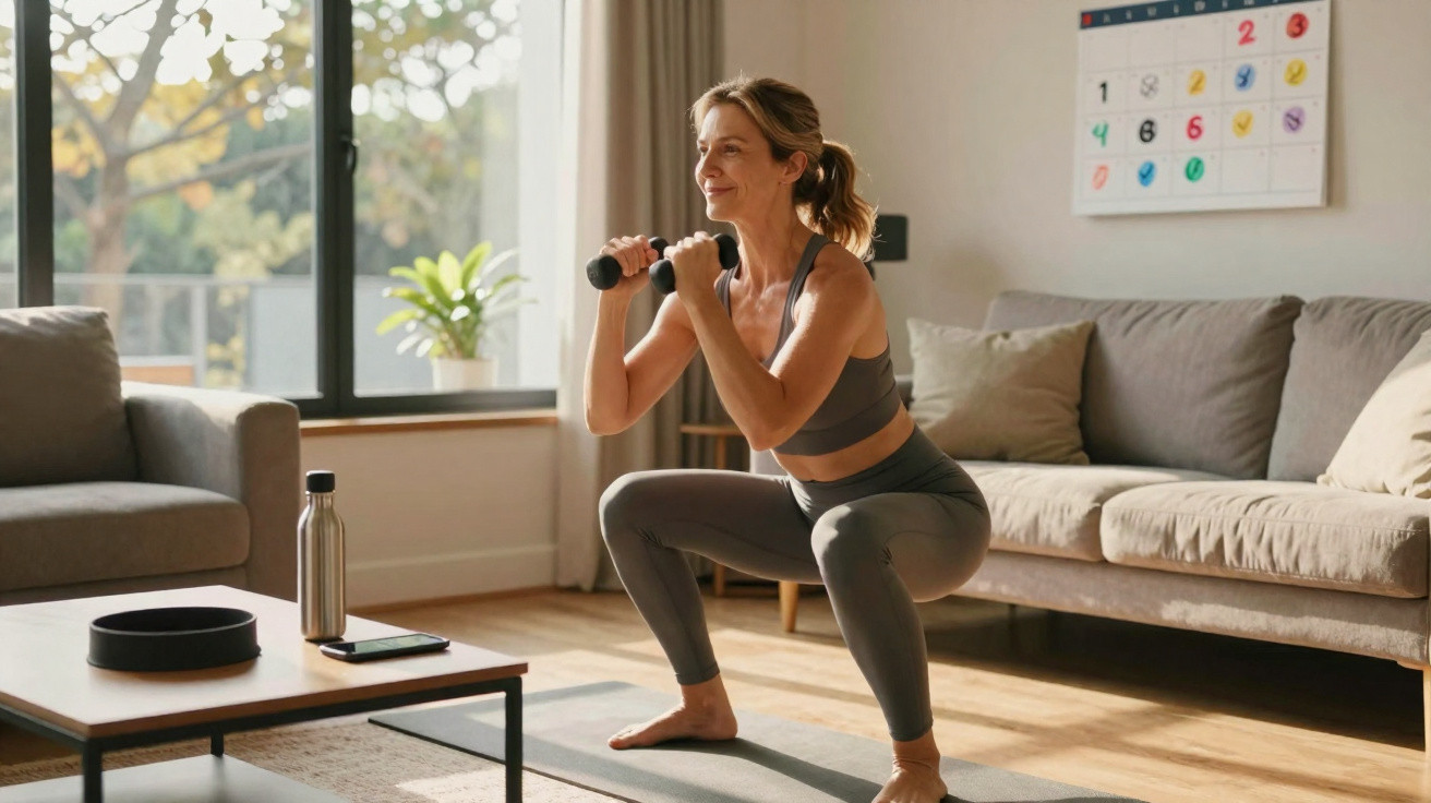 Woman in sportswear doing squats with dumbbells in a sunlit living room beside a sofa and table.