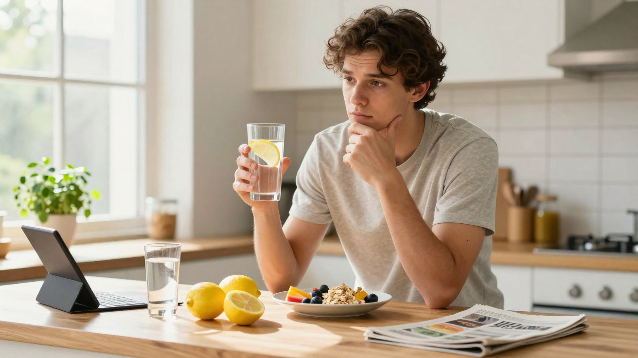 Young man sitting at kitchen table with glass of lemon water, fruit bowl, and newspaper, looking thoughtful.