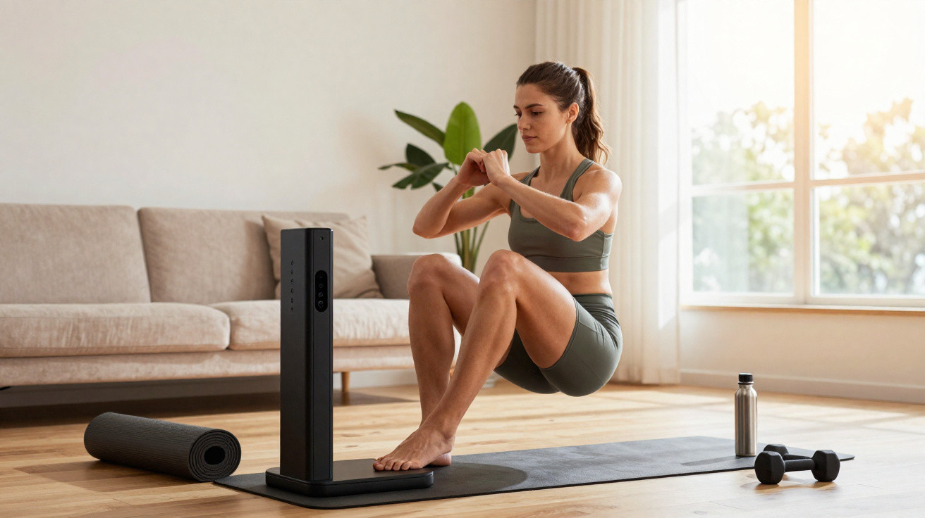 Woman performing a pistol squat on a workout mat in a bright living room with a sofa and dumbbells nearby.