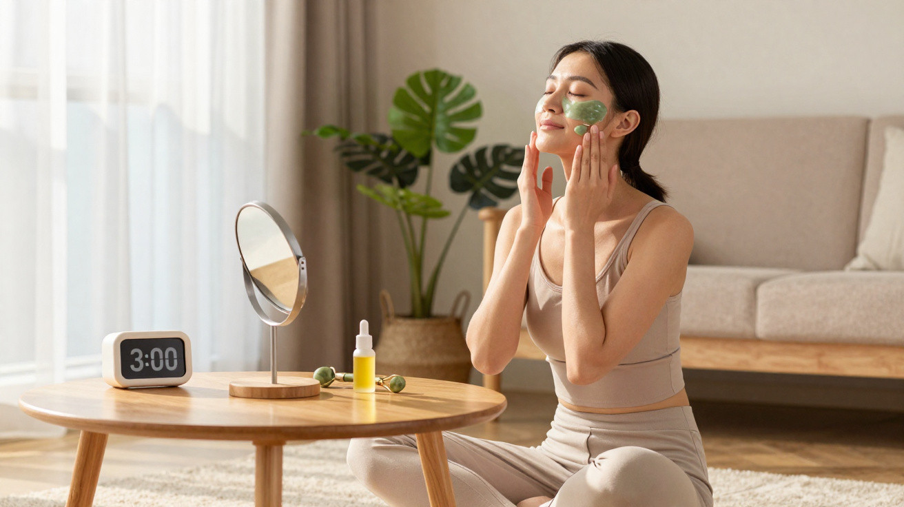 Woman sitting on the floor applying a green facial mask in a bright living room with a wooden table and mirror.