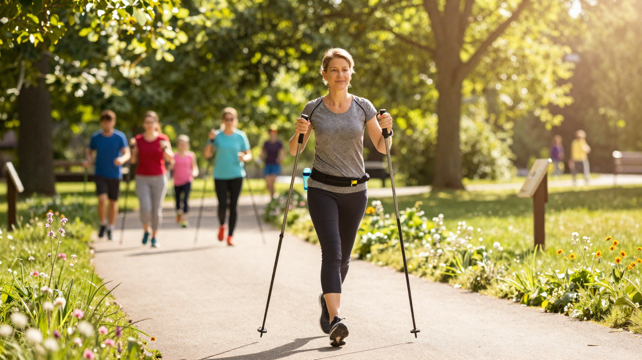 Woman walking with poles on a sunny park path, followed by a group of people exercising outdoors.
