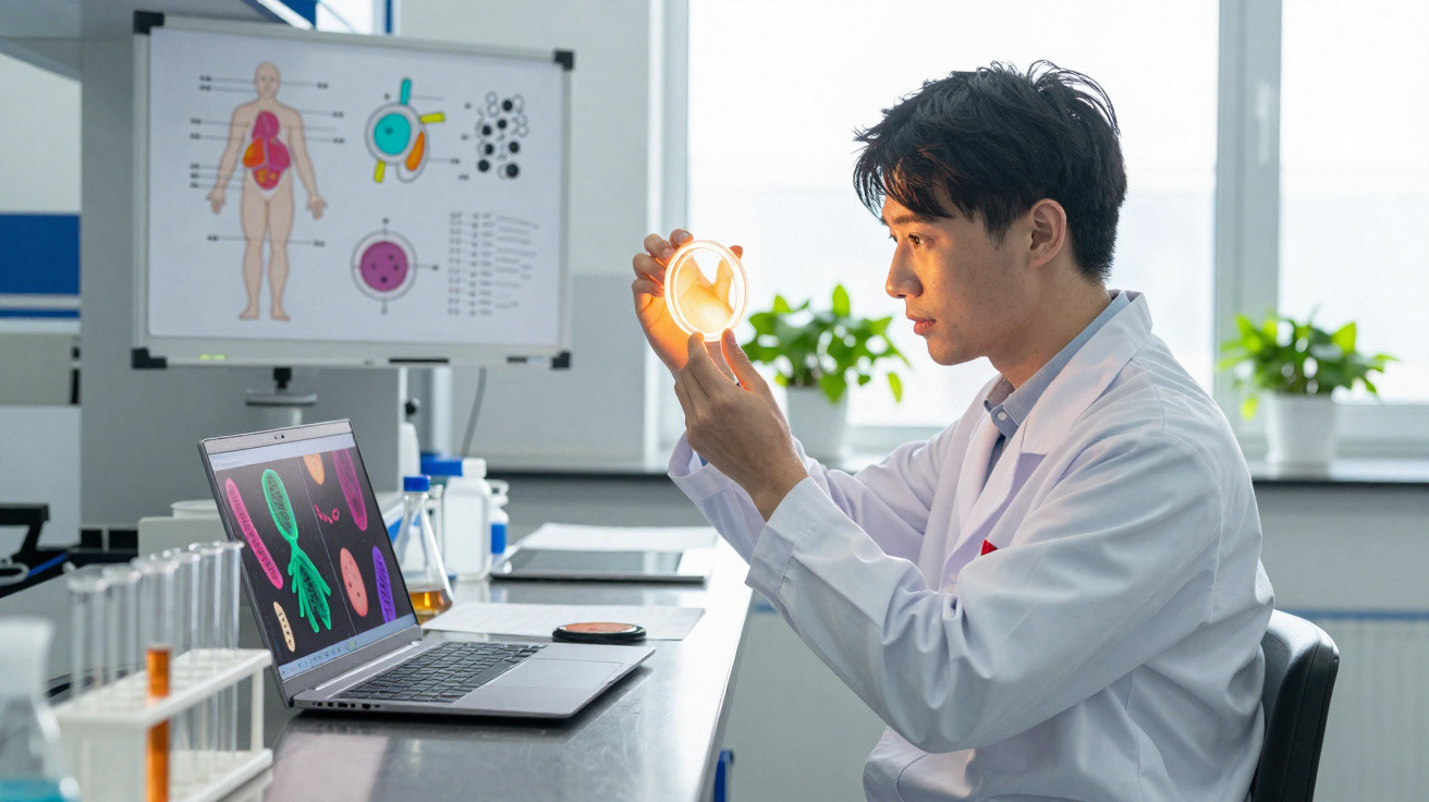 Scientist in a lab coat examining a petri dish with microscope images on a laptop in a laboratory setting.