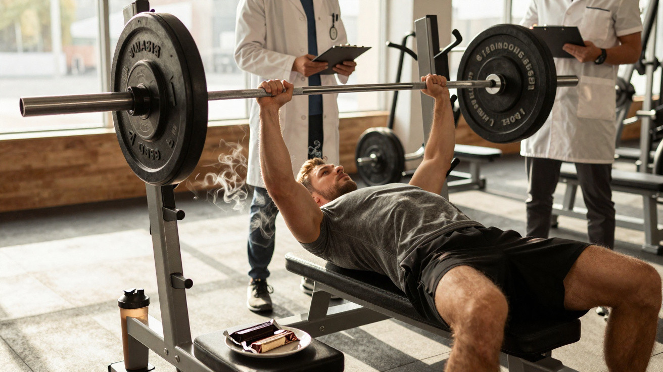 Man in gym lifting weights on bench press with two medical professionals observing and taking notes.