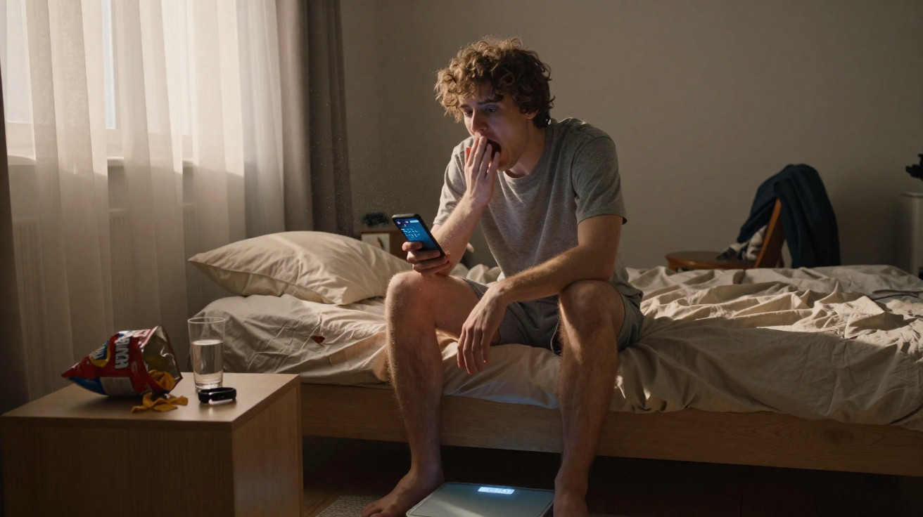 Young man sitting on his bed yawning while looking at his phone in a dimly lit bedroom.
