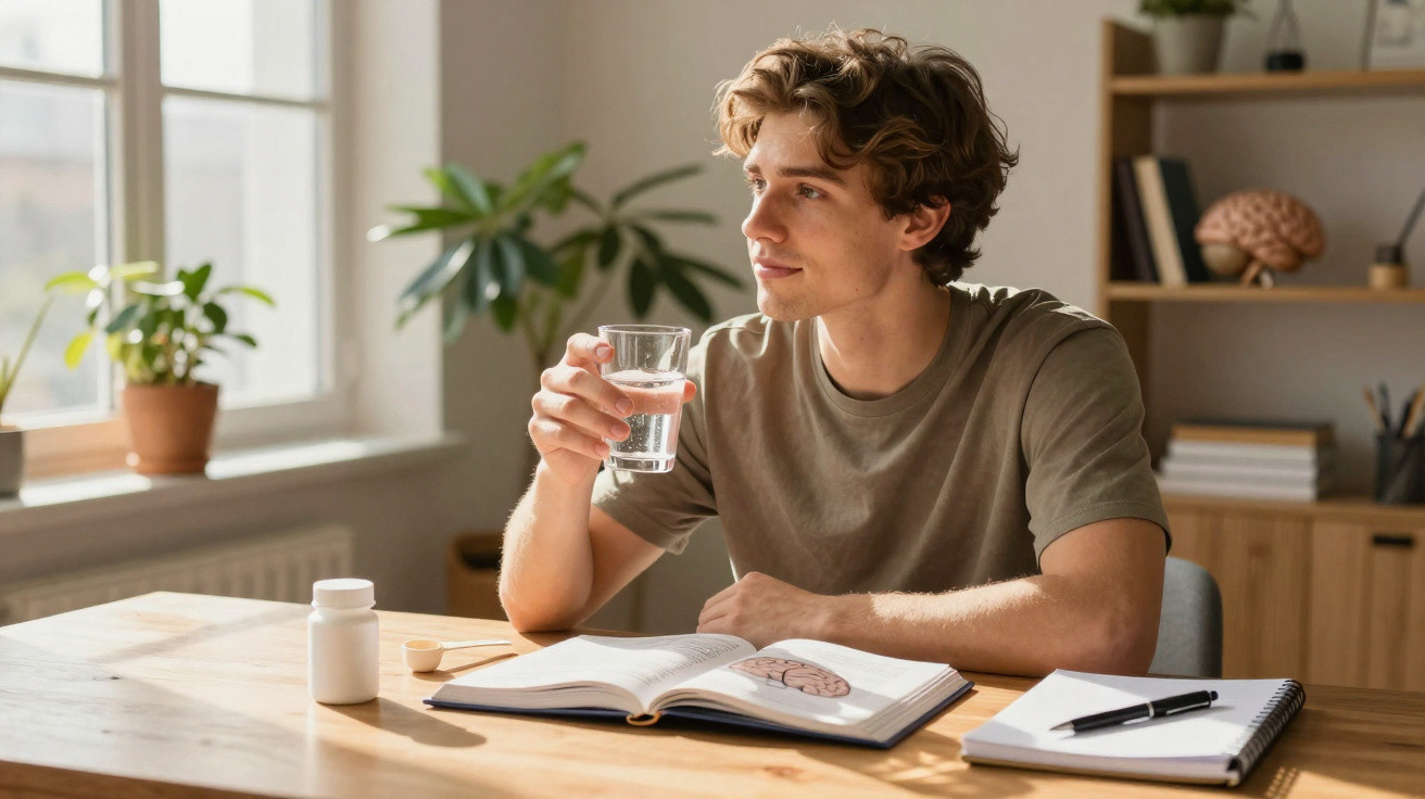 Young man sitting at a desk, holding a glass of water, with an open book and notebook in a sunlit room.