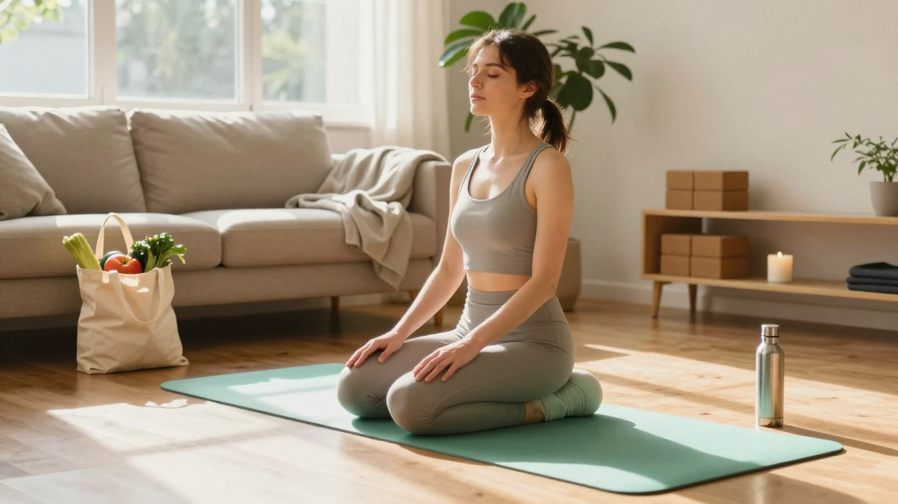 Woman meditating on a yoga mat in a sunlit living room with a couch, plant, reusable bag, and water bottle nearby.