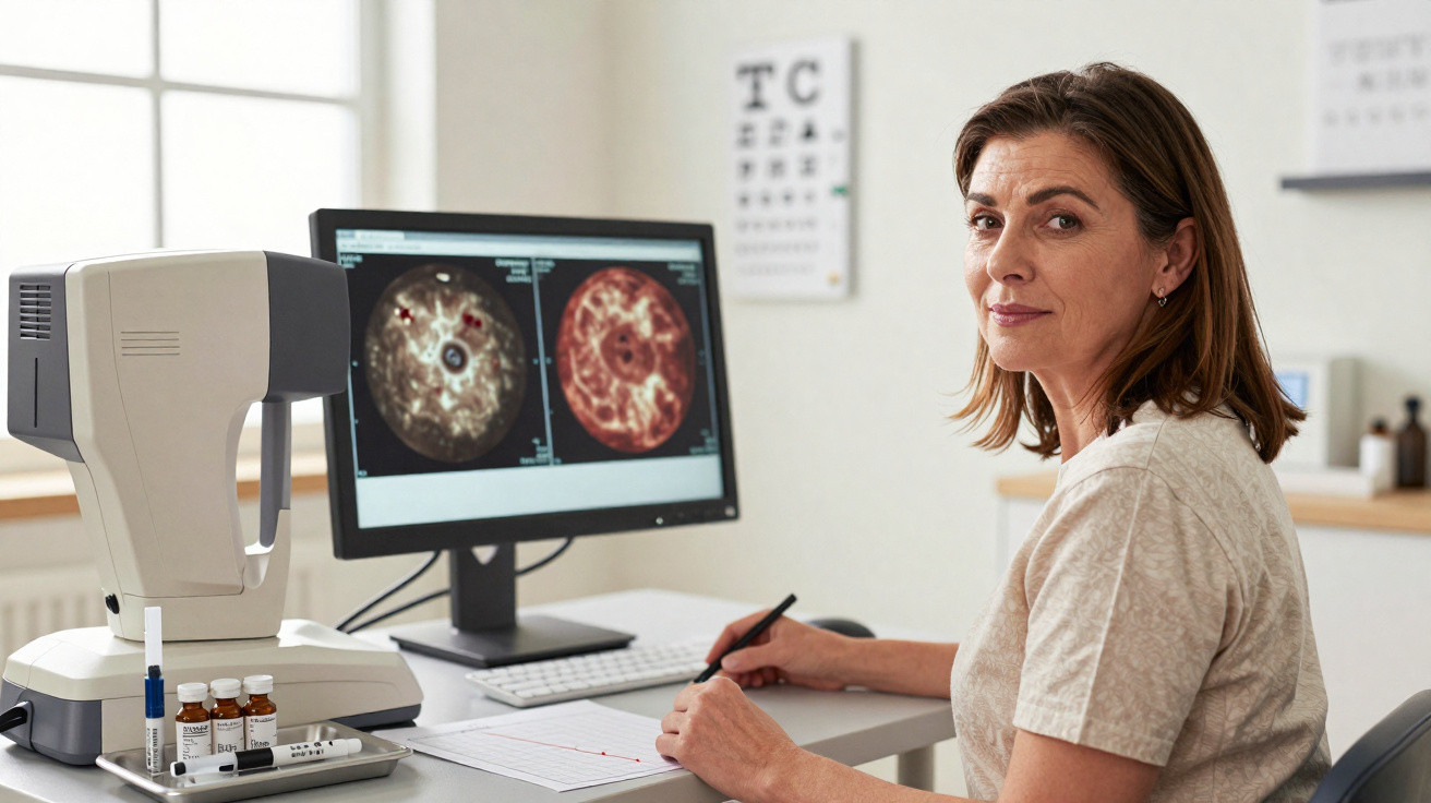 Female optometrist at desk with eye scan images on computer screen and eye testing equipment nearby