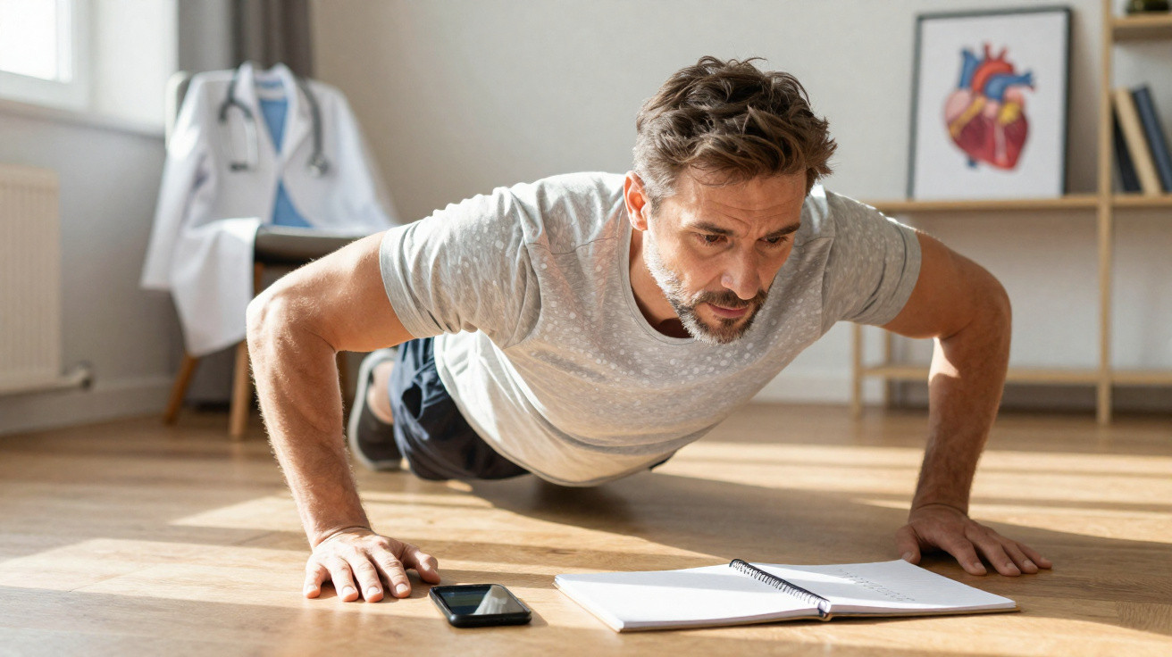Man doing push-ups on wooden floor, watching a phone and notebook, with a doctor’s coat and heart diagram in background.