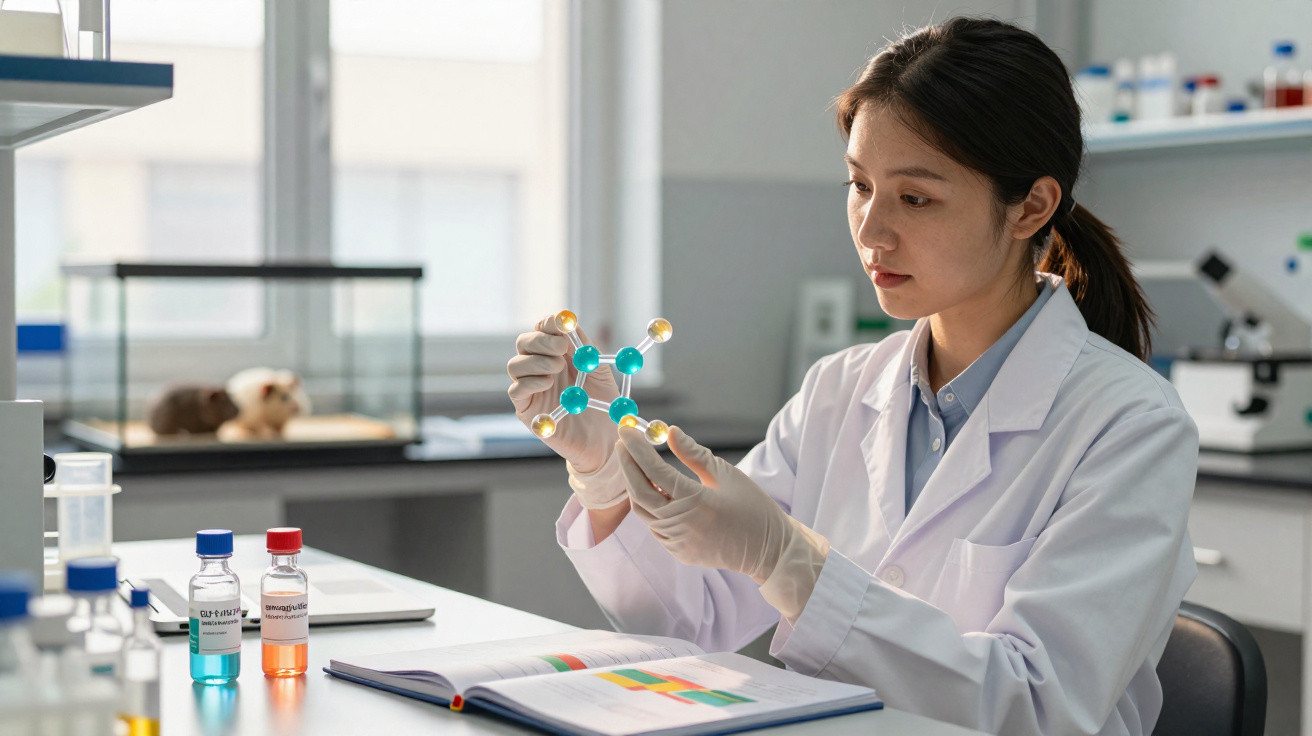 Scientist in a lab coat examining a molecular model while sitting at a lab desk with open book and bottles.