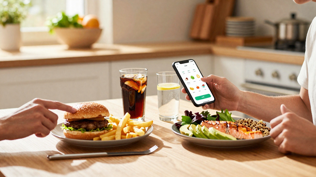 Two people sitting at a kitchen table with a burger and fries meal and a healthy meal, one using a smartphone.