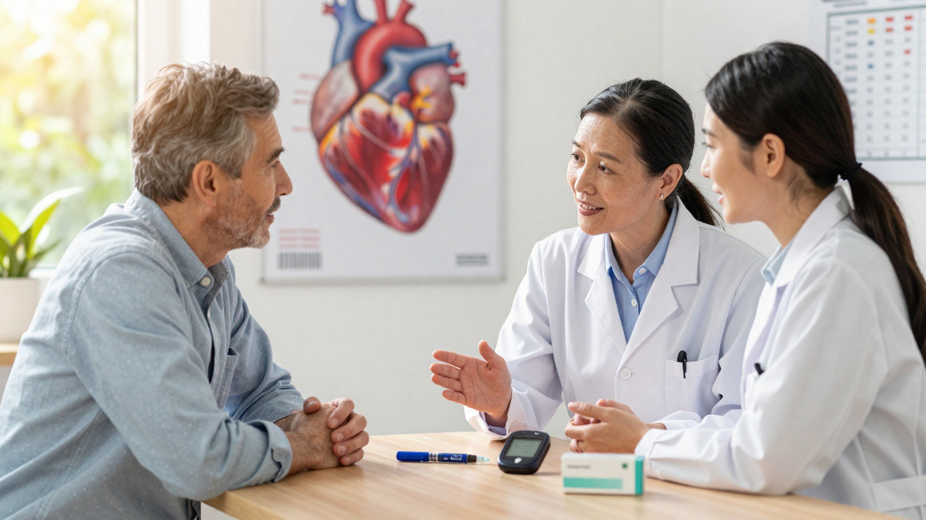 Two female doctors consulting with a male patient about heart health in a medical office.