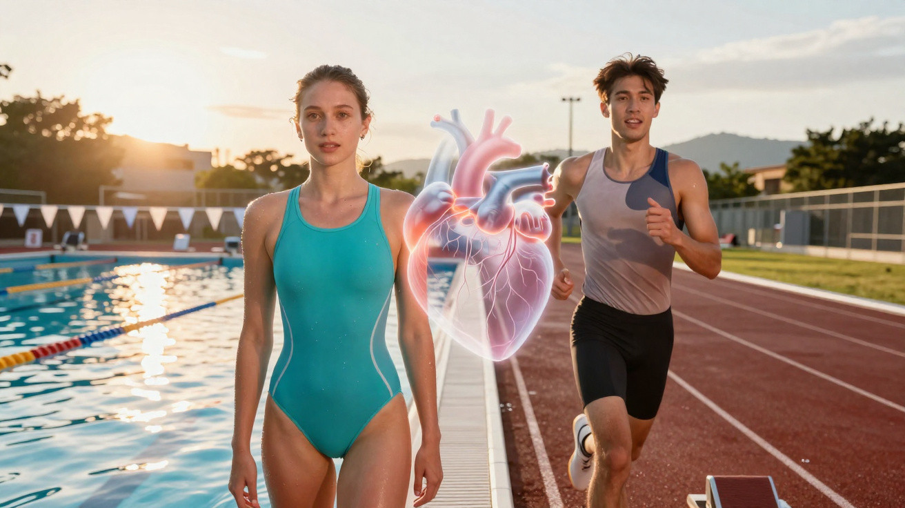 Young woman in swimsuit and man running on track with transparent heart illustration between them at sunset.