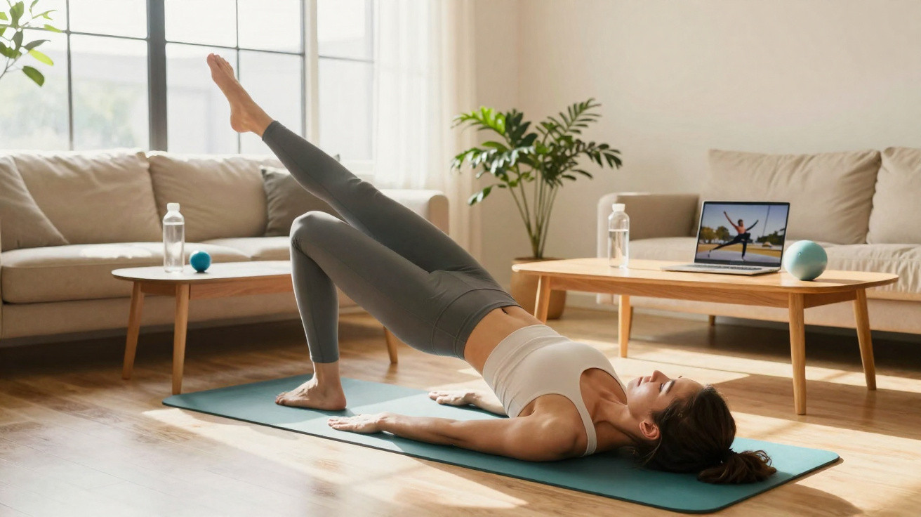 Woman doing a leg raise bridge exercise on a yoga mat in a bright living room with online workout on a laptop.