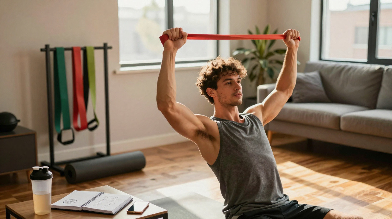 Young man exercising with a resistance band in a sunlit living room, sitting on a yoga mat.