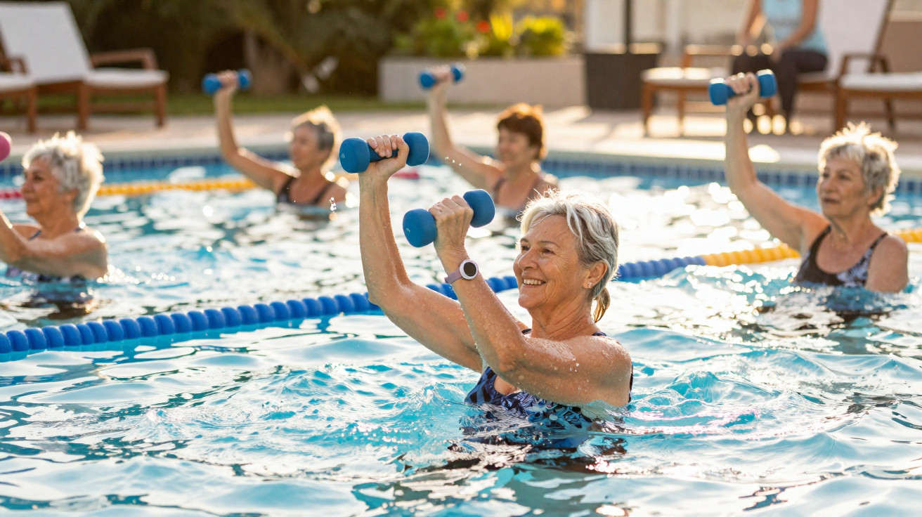 Senior women exercising with dumbbells in an outdoor swimming pool during a water aerobics class.