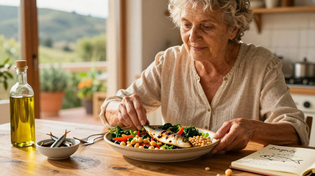 Elderly woman preparing a healthy meal with grilled fish, vegetables, and chickpeas in a bright kitchen.