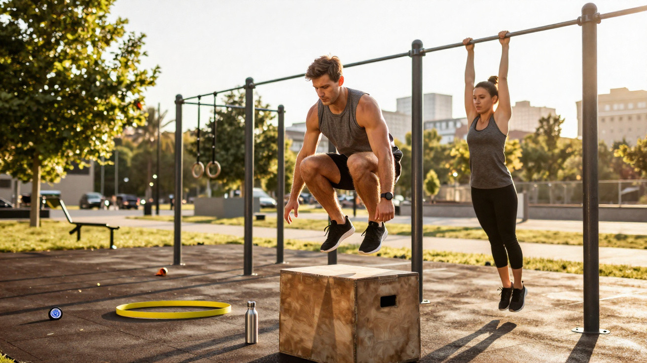 Man jumping onto wooden box and woman hanging from pull-up bar at outdoor gym in daylight