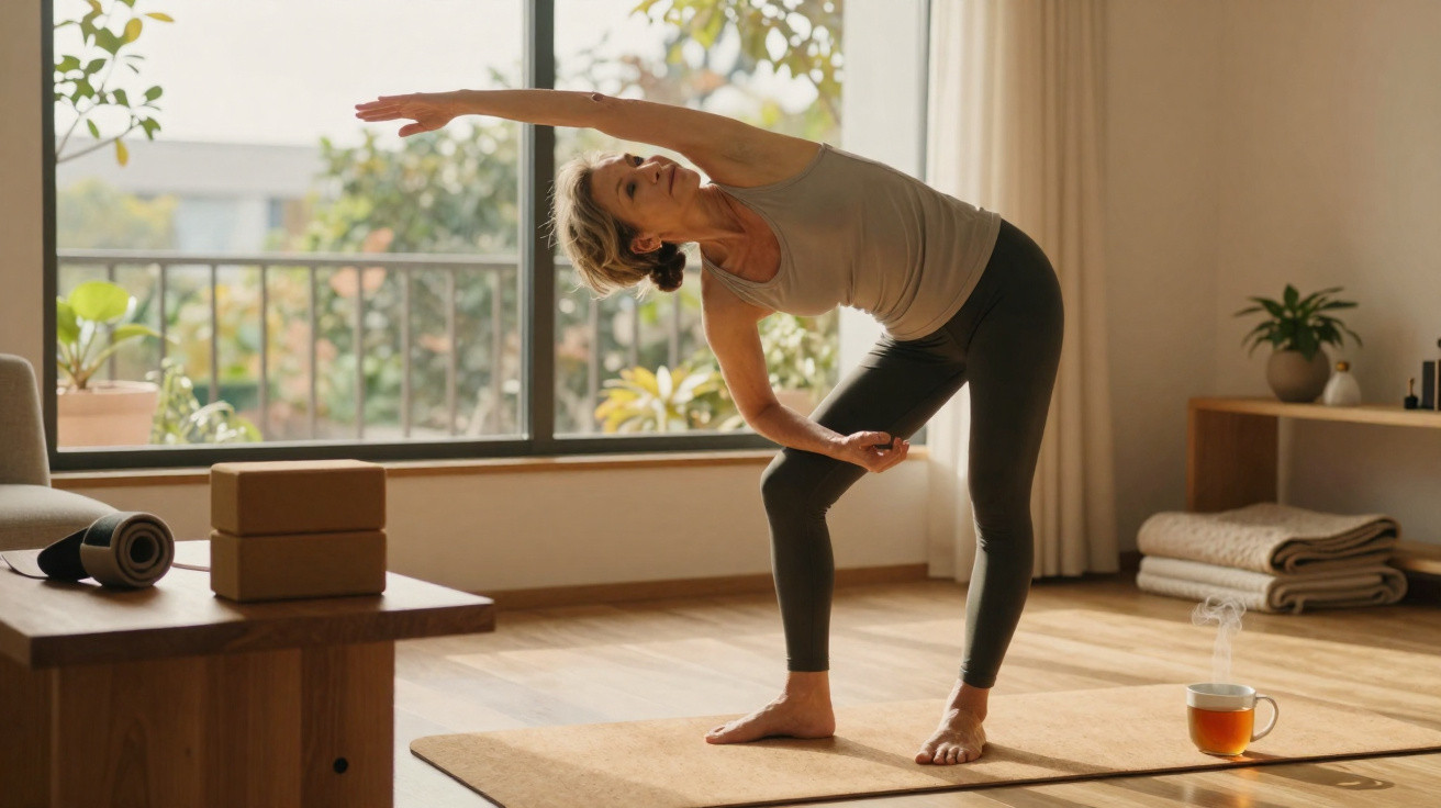 Middle-aged woman practising yoga stretch on a mat in a sunlit living room.