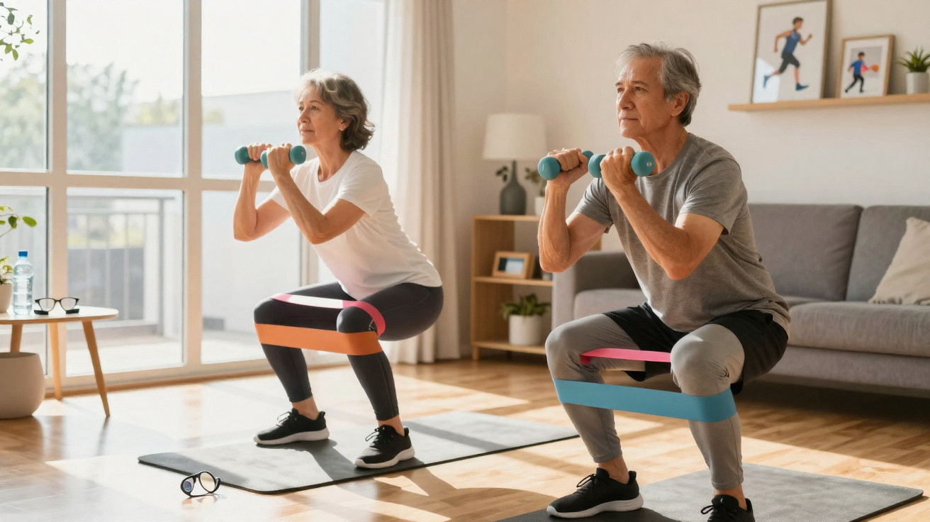 Older couple exercising with resistance bands and dumbbells in a bright living room.