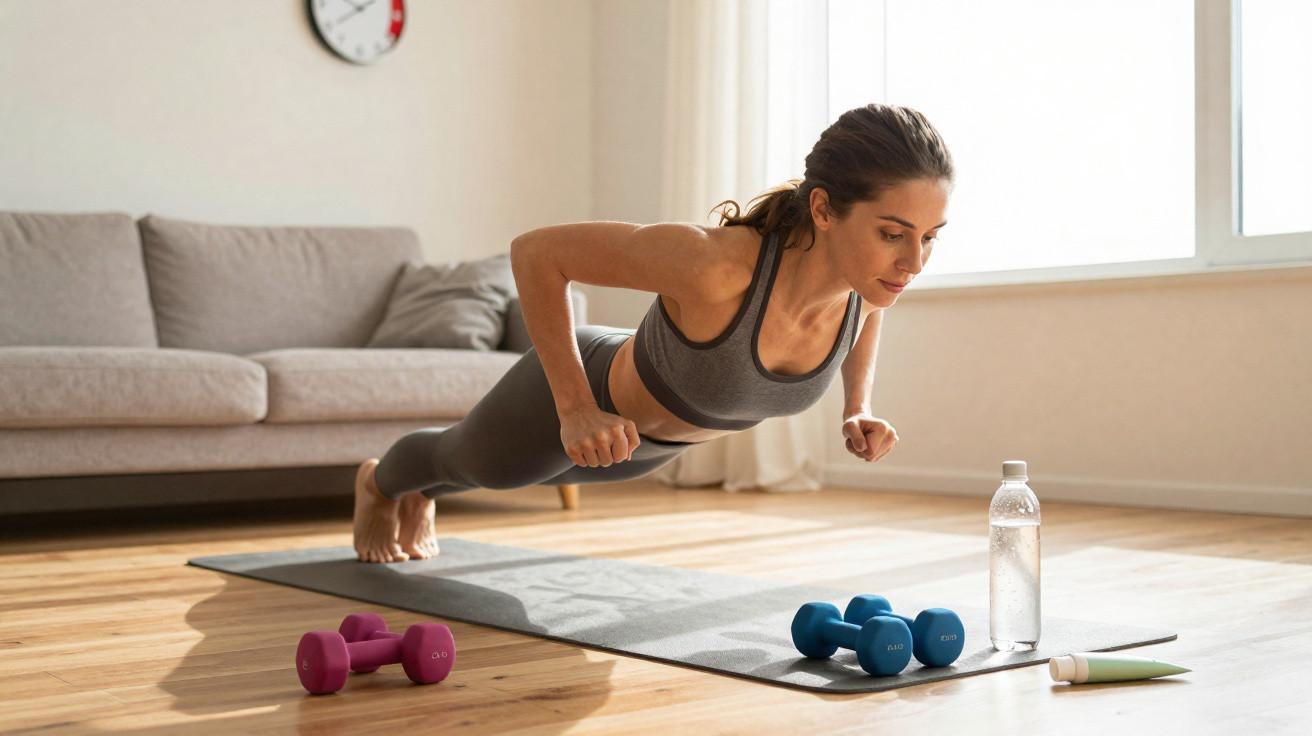 Woman in sportswear doing push-ups on a mat in a bright living room with dumbbells and water bottle nearby.