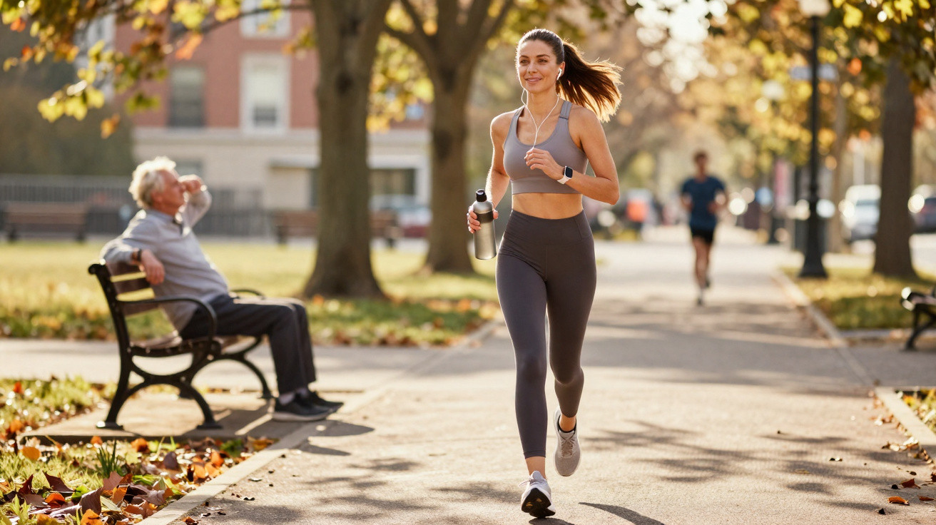 Young woman jogging in a park holding a water bottle, with an older man sitting on a bench in autumn.