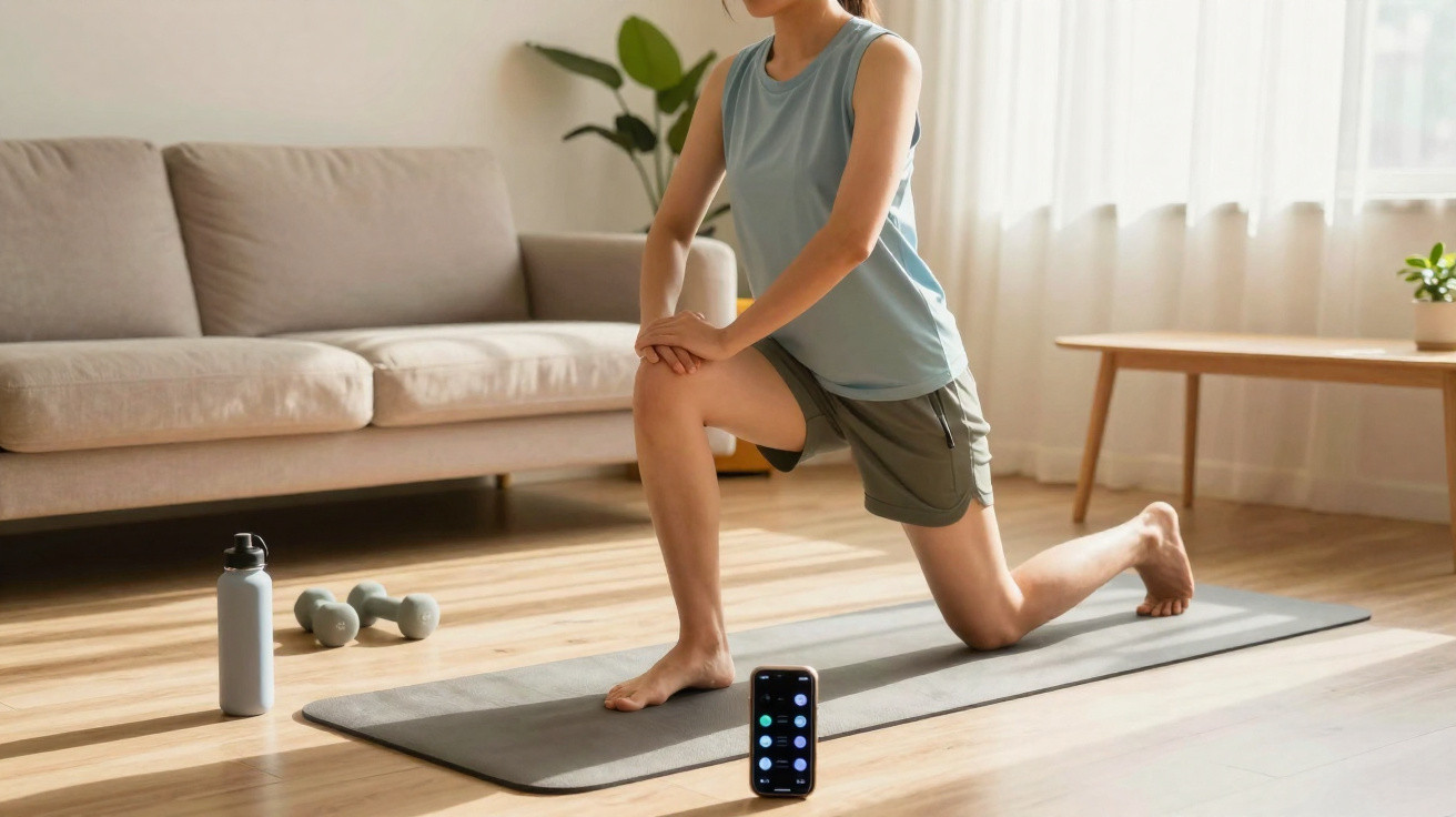 Person stretching on a yoga mat in a bright living room with a phone, dumbbells, and water bottle nearby.