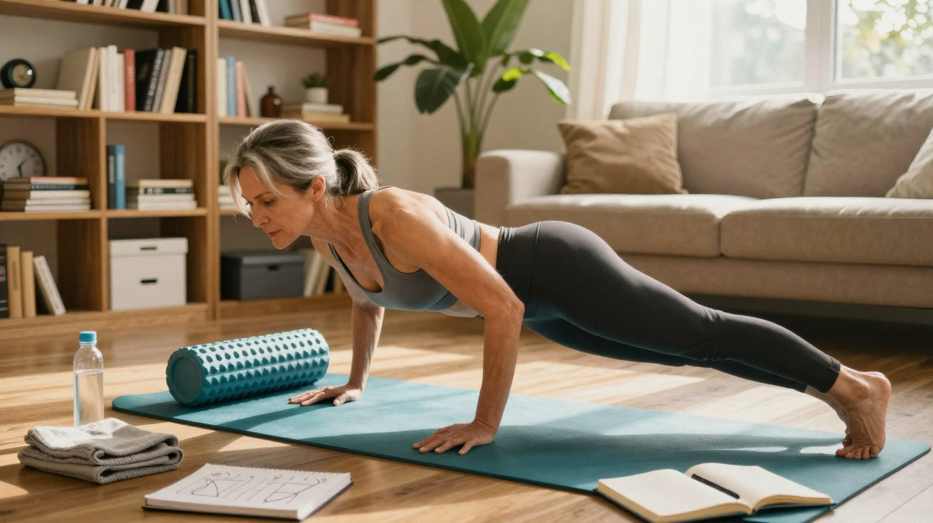 Middle-aged woman doing a push-up on a yoga mat in a bright, cozy living room with exercise accessories nearby.