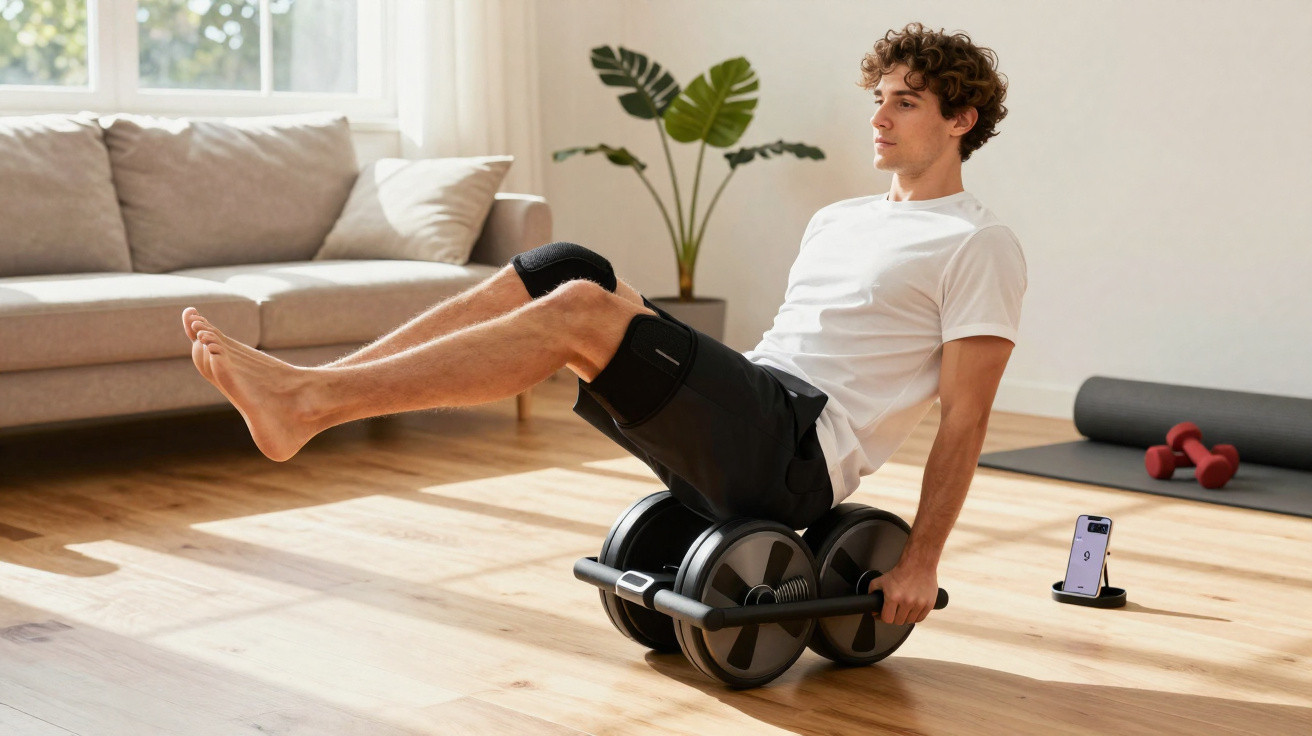 Young man exercising core muscles using a double ab roller in a bright living room.
