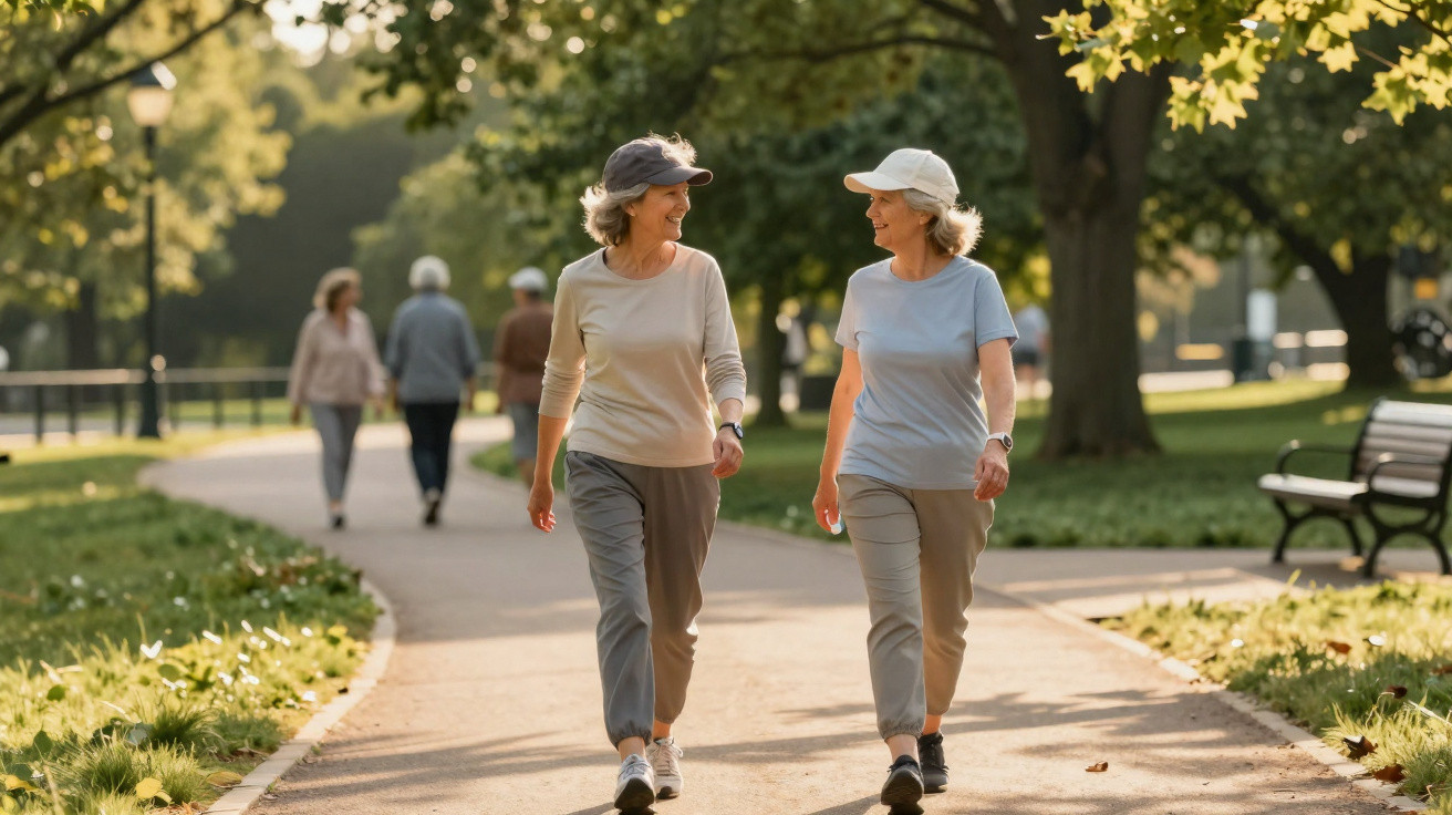 Two elderly women in casual clothes and caps happily walking in a sunlit park pathway on autumn day.