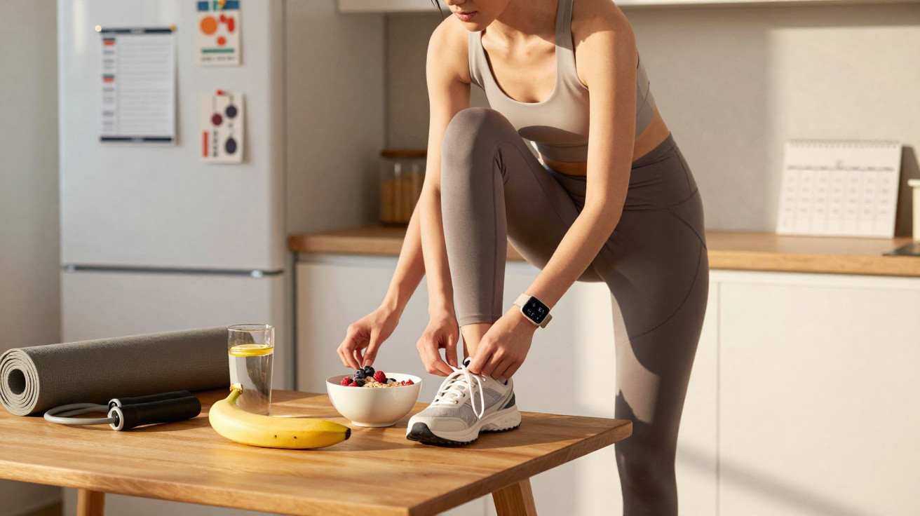 Woman in sportswear tying shoelaces on table with healthy breakfast, water, and exercise mat in kitchen