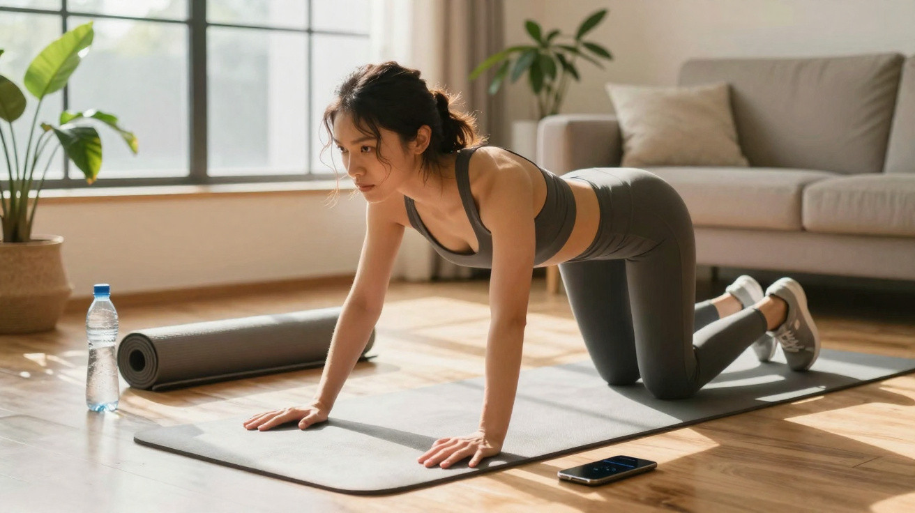 Woman in sportswear doing a stretching exercise on a yoga mat in a sunlit living room.