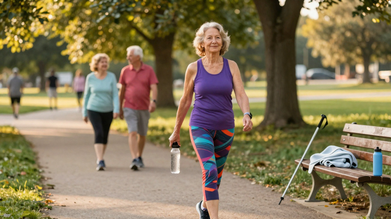 Senior woman in purple top walking with water bottle in park, with two people walking behind on a sunny day.