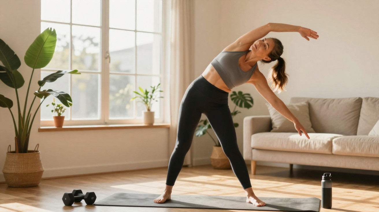 Woman in sportswear stretching sideways on a yoga mat in a sunlit living room with plants nearby.