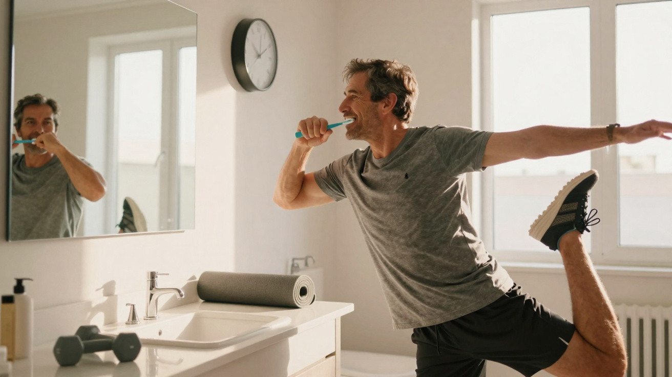 Man stretching one leg while brushing teeth in a bright bathroom with dumbbells on the counter.