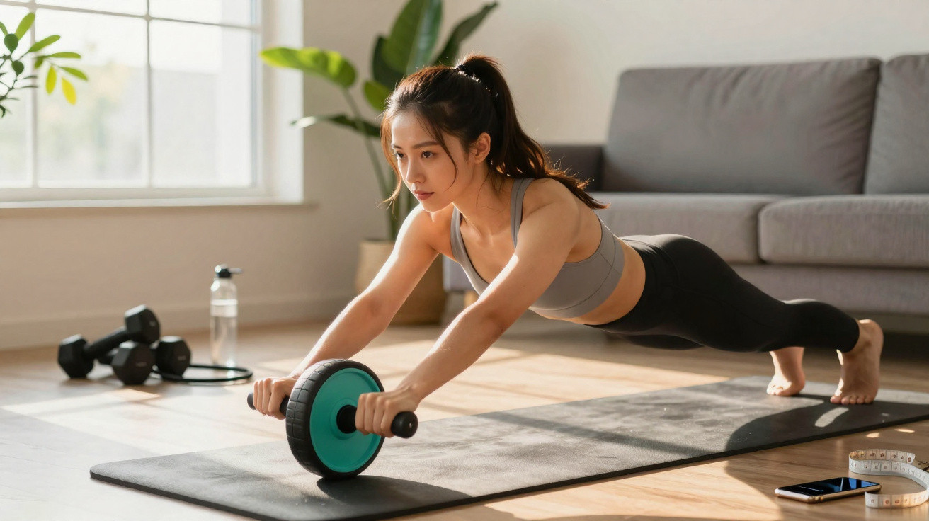 Young woman exercising with an ab roller on a mat in a sunlit living room.