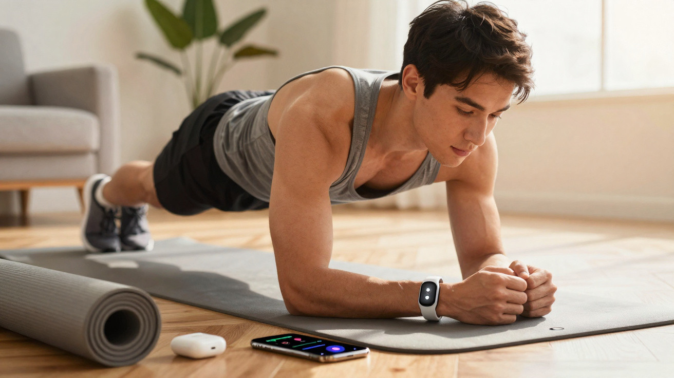 Young man in grey vest doing plank exercise on a mat in a bright living room with fitness tracker and phone.