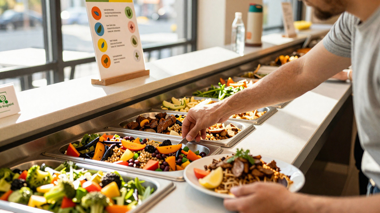 Person serving fresh salad and vegetables from a self-service buffet at a well-lit restaurant.