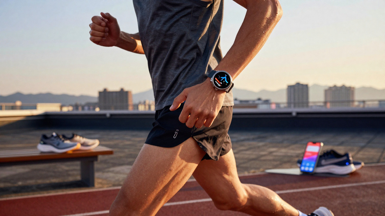 Close-up of a person running on a track at sunset wearing a smartwatch displaying fitness data.