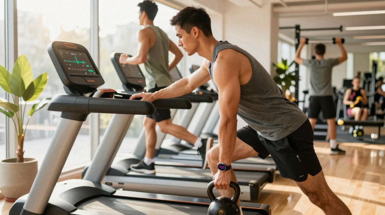 Man exercising with a kettlebell on a treadmill while another man runs on a treadmill in a gym.