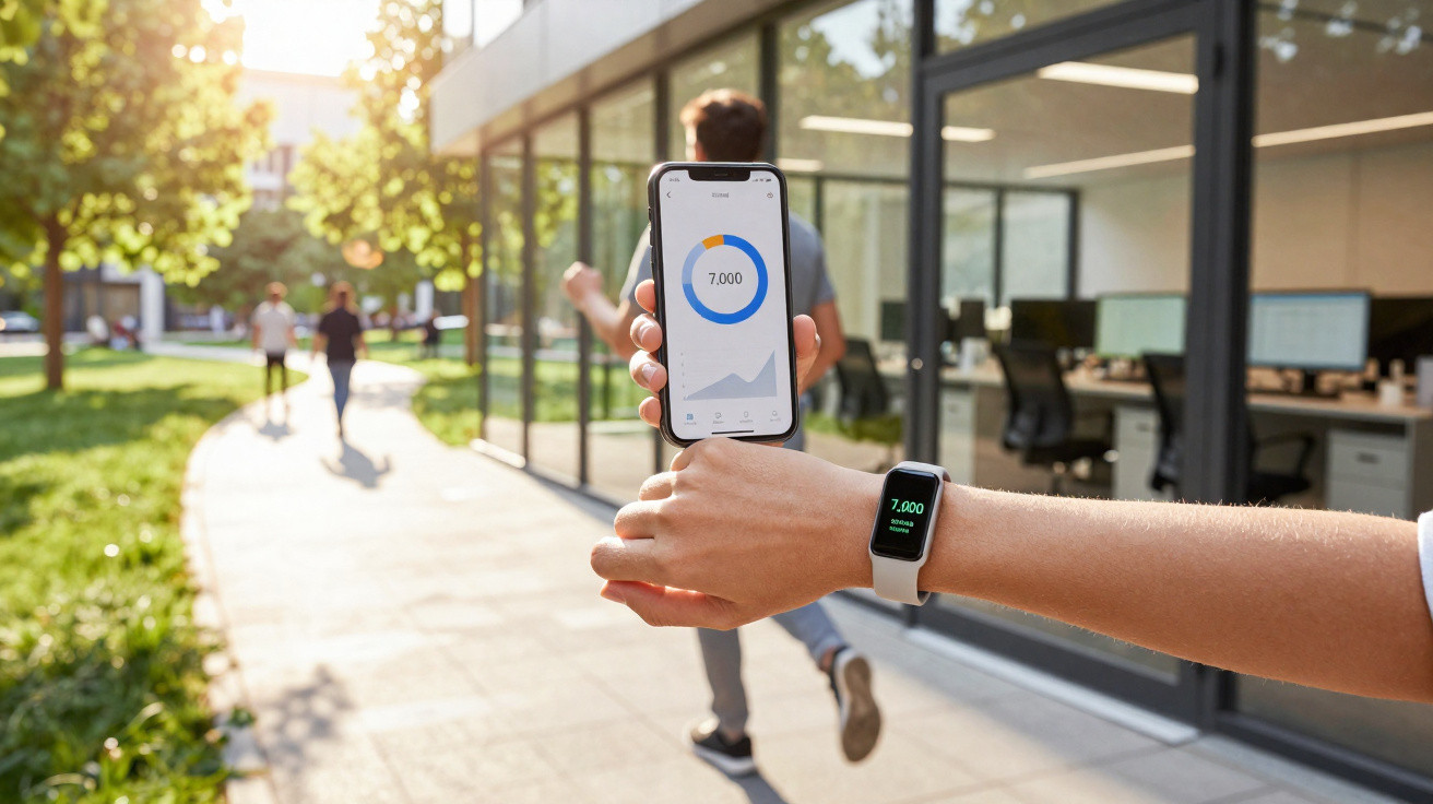 Person holding a smartphone and wearing a fitness tracker showing 7,000 steps with joggers in background.