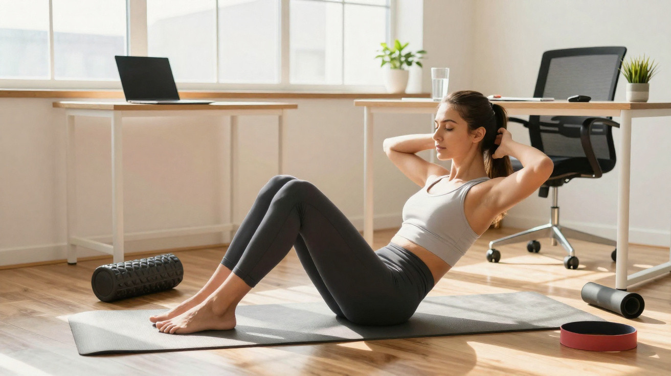Young woman doing sit-ups on a yoga mat in a home office with exercise equipment nearby