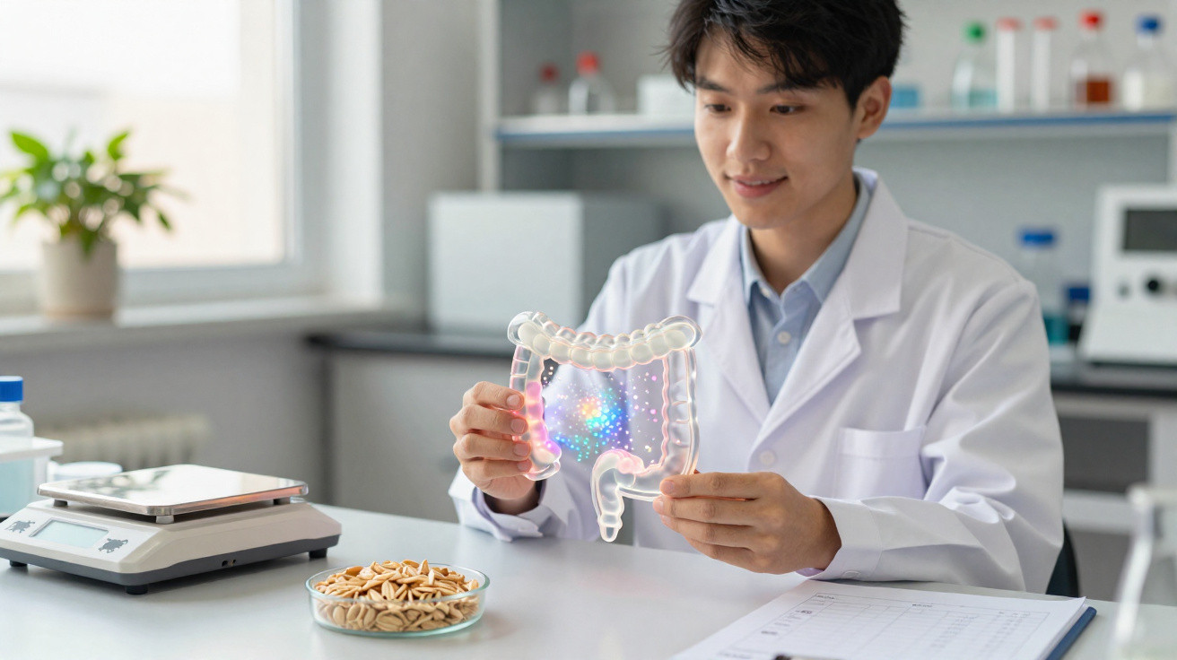 Scientist in lab coat holding a transparent model of human intestines with colourful lights inside.