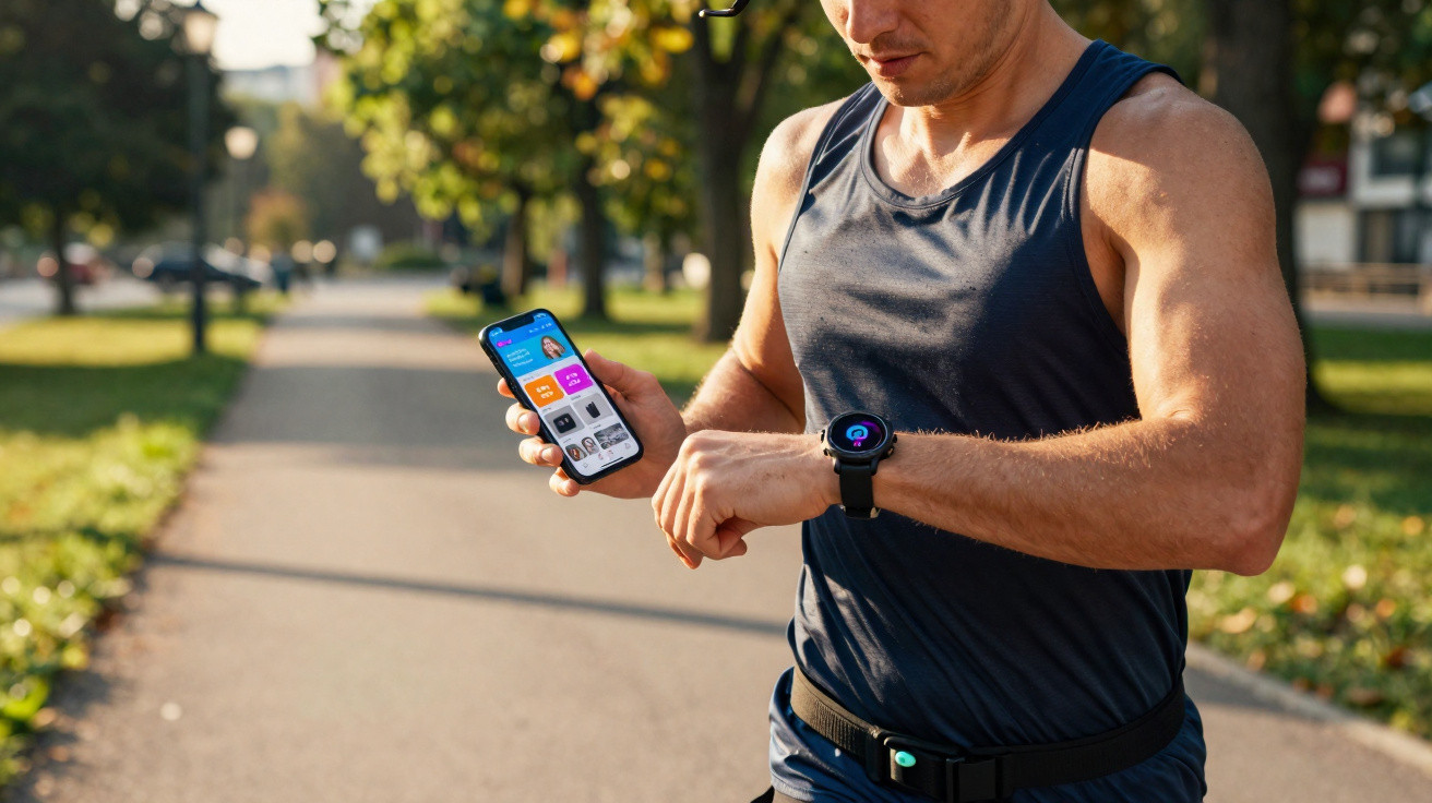Man in sportswear checks fitness data on smartphone and smartwatch while running in park pathway.