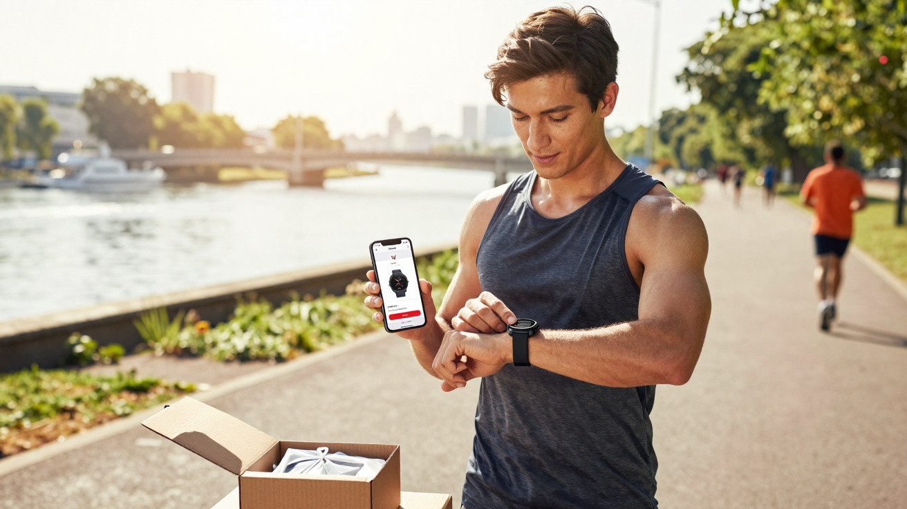 Man in sportswear checking smartwatch and holding phone by riverside path with parcel box nearby.