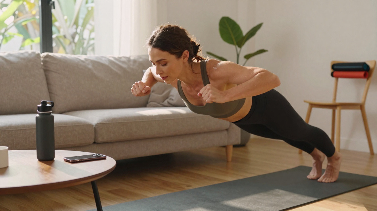 Woman doing a plank exercise on a yoga mat in a bright living room next to a sofa and table.