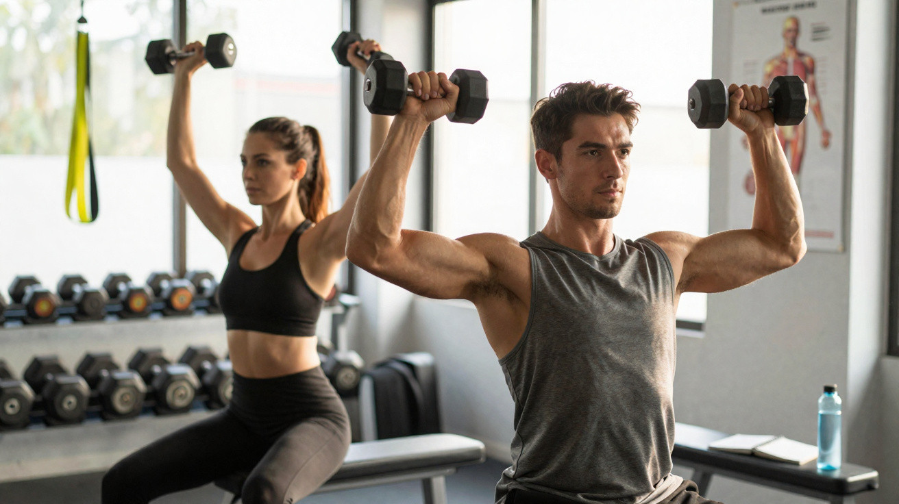 Man and woman lifting dumbbells while seated on benches in a gym with weights and fitness equipment in background