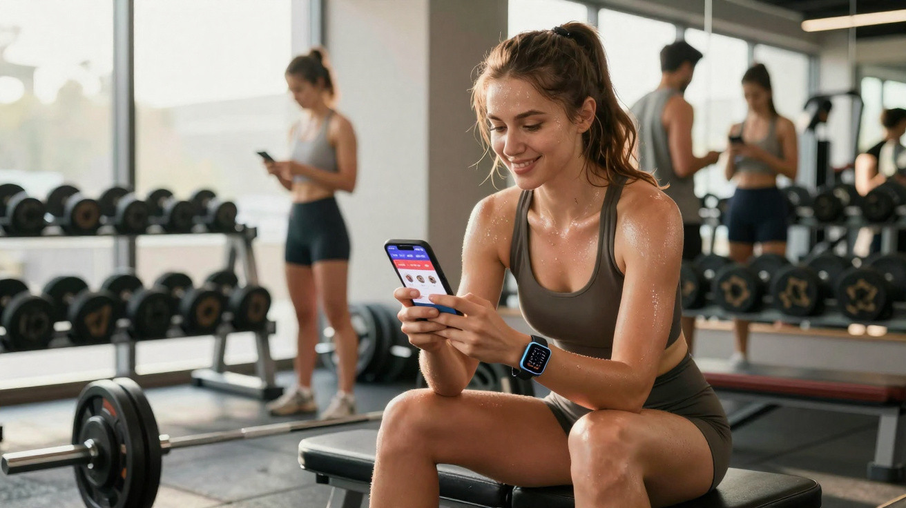 Sweaty woman in sportswear sitting on gym bench smiling at her smartphone, with others in the background.